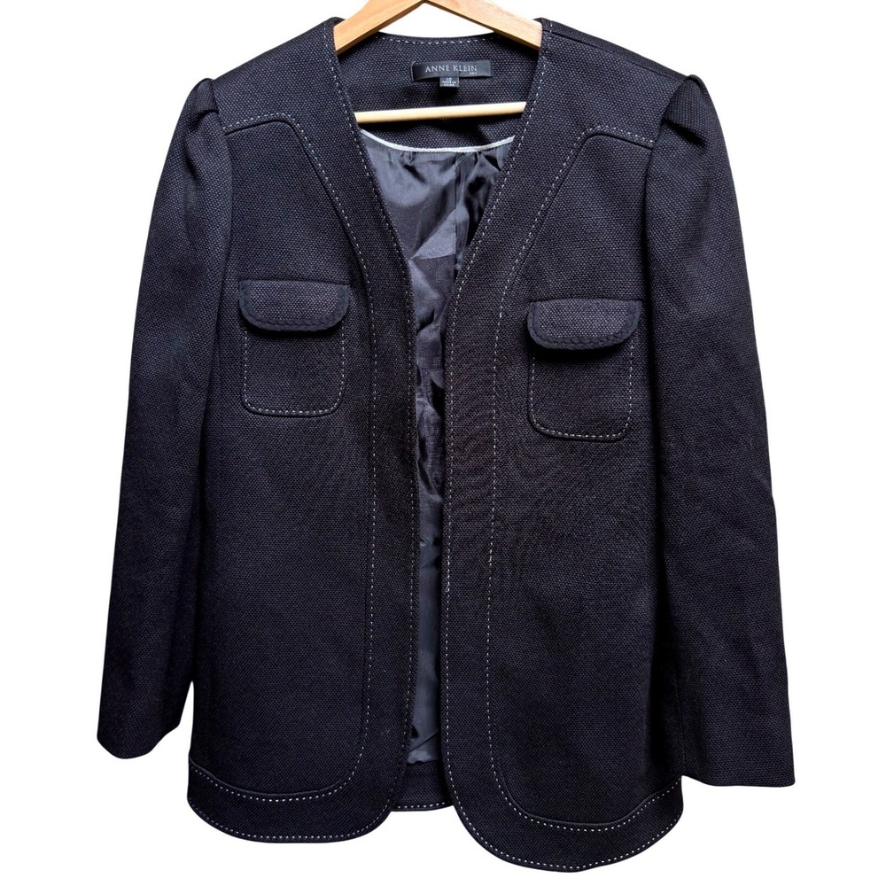 Anne Klein Black Textured Collarless Blazer